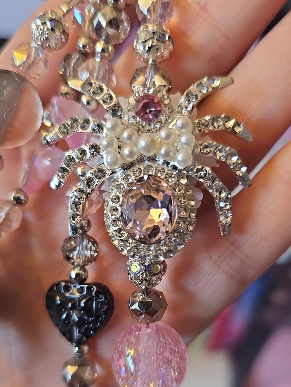 Sparkling Pink Crystal Spider Pendant Purse Charm